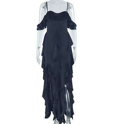 Clothing Color Dress Spaghetti Straps Sleeveless Ruffled Irregular Asymmetric Maxi Dress