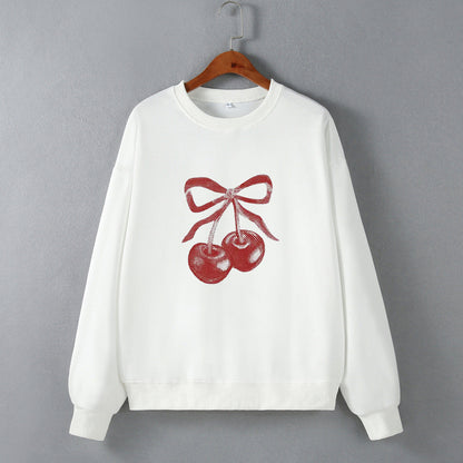 Street Hipster Bow Cherry Drop Shoulder Loose Long Sleeve Sweatershirt Autumn Winter Clothing