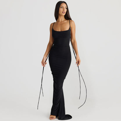 In Clothing Summer Backless Pleated Lace Up Maxi Dress
