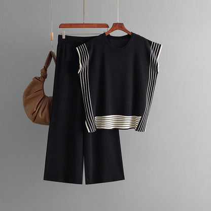 Suit Striped Patchwork Round Neck Loose Two Piece Dress of Knitted Sweater High Waist Straight Wide Leg Pants