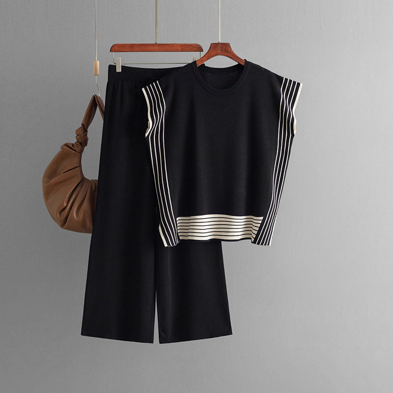 Suit Striped Patchwork Round Neck Loose Two Piece Dress of Knitted Sweater High Waist Straight Wide Leg Pants