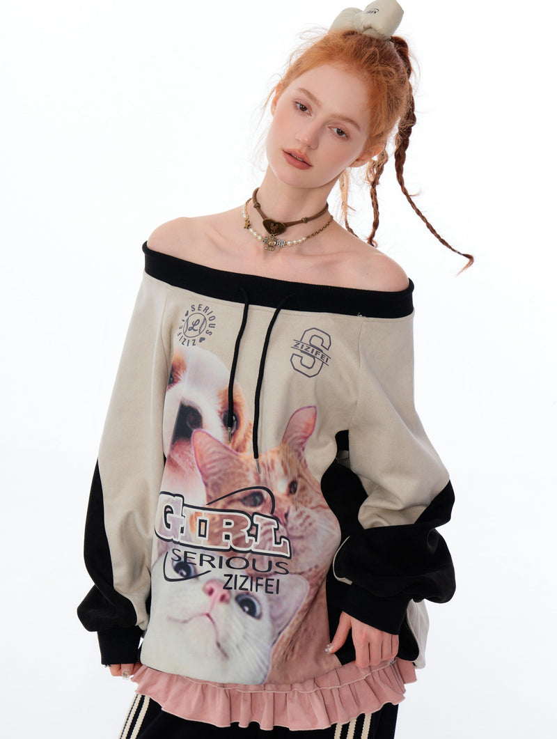 Cat and Dog Print Two-tone Sweatshirt