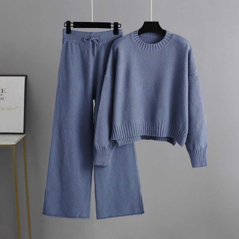 Autumn Winter Knitting Work Pant Korean Loose Sweater Wide Leg Pants Pants Two Piece Set