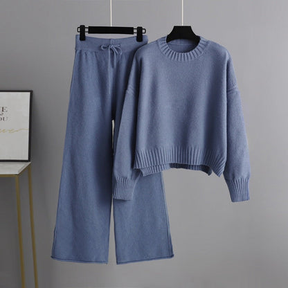 Autumn Winter Knitting Work Pant Korean Loose Sweater Wide Leg Pants Pants Two Piece Set