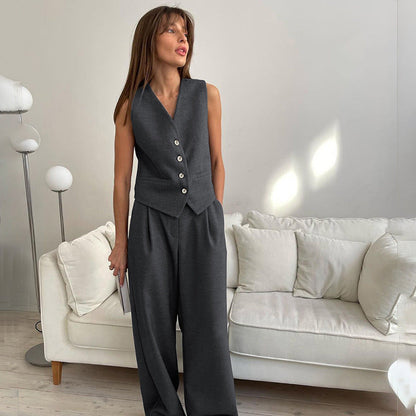 Summer Neutral Minimalist Gray Sleeveless Waistcoat Vest All Matching Clothing Two Piece Set