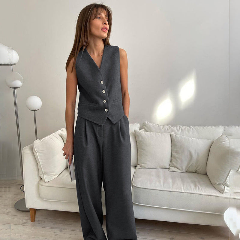 Summer Neutral Minimalist Gray Sleeveless Waistcoat Vest All Matching Clothing Two Piece Set