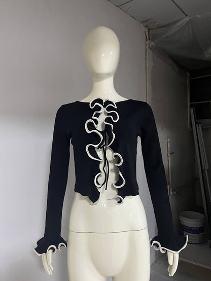 Spring Edge Stitching Contrast Color Black Long Sleeve Knitted Cardigan Slimming Short Top