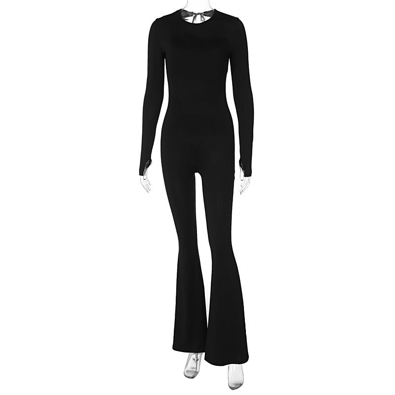 Clothing Winter Backless Lace Up Color Slim Fit Long Sleeves Jumpsuit