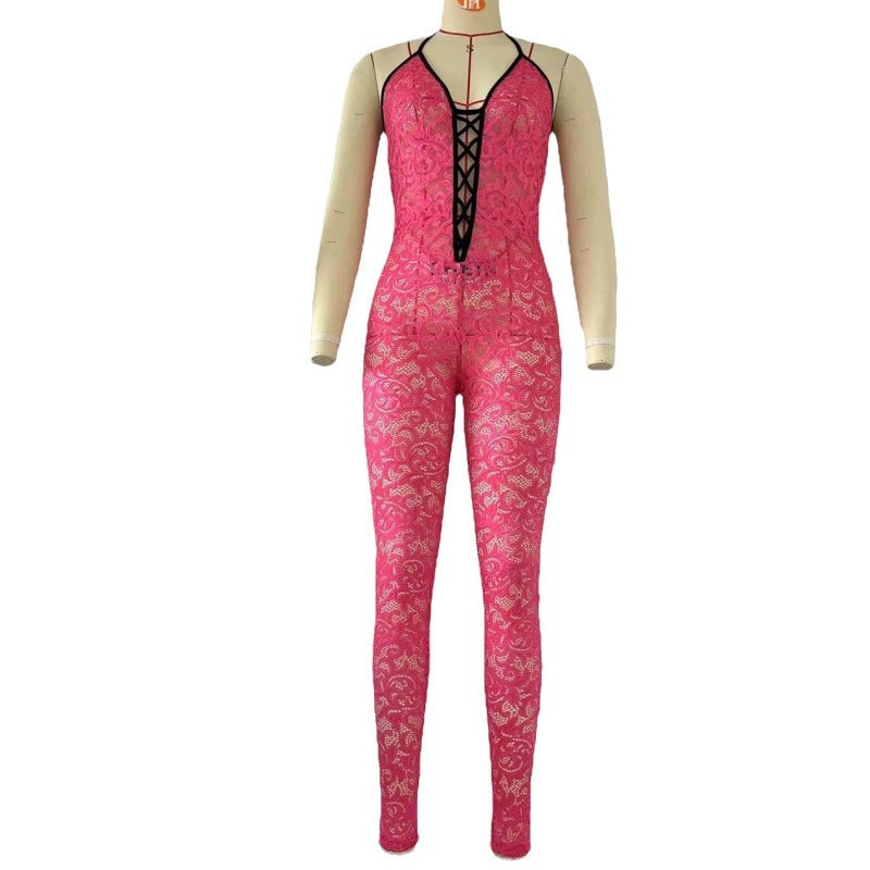 Spring Hollow Out Cutout Contrast Color Suspenders Slim Fit Backless Jumpsuit
