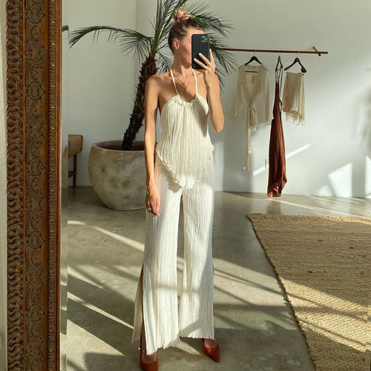 New Backless Spaghetti Straps Vest Beige Pleated Slim Fit Slit Blouse Pants