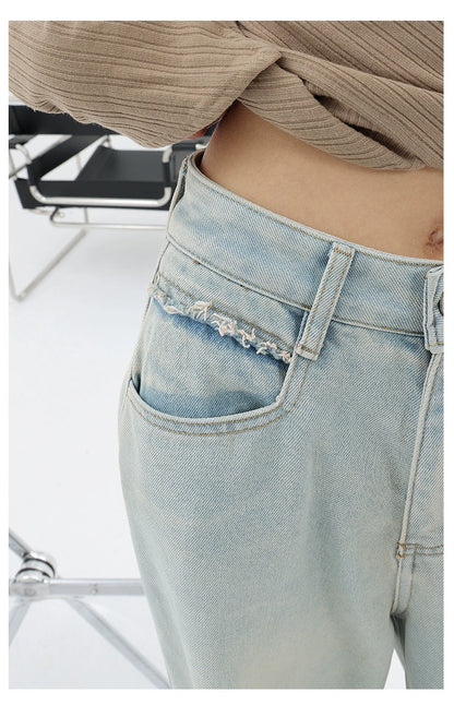 Light Blue Loose Straight Wide-leg Denim Pants With Embroidery Design