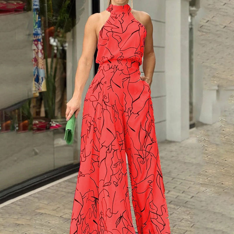 Summer Clothing High Waist Lace Up Sleeveless Halter Trousers Jumpsuit