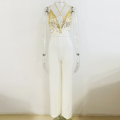 Star Spring Summer Heavy Industry Manual Beaded Sequ V Strap Straight Jumpsuit