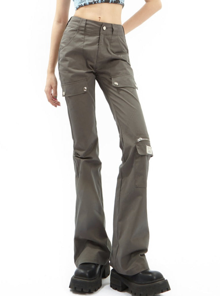 Black Flared Cargo Pants With Multiple Pockets