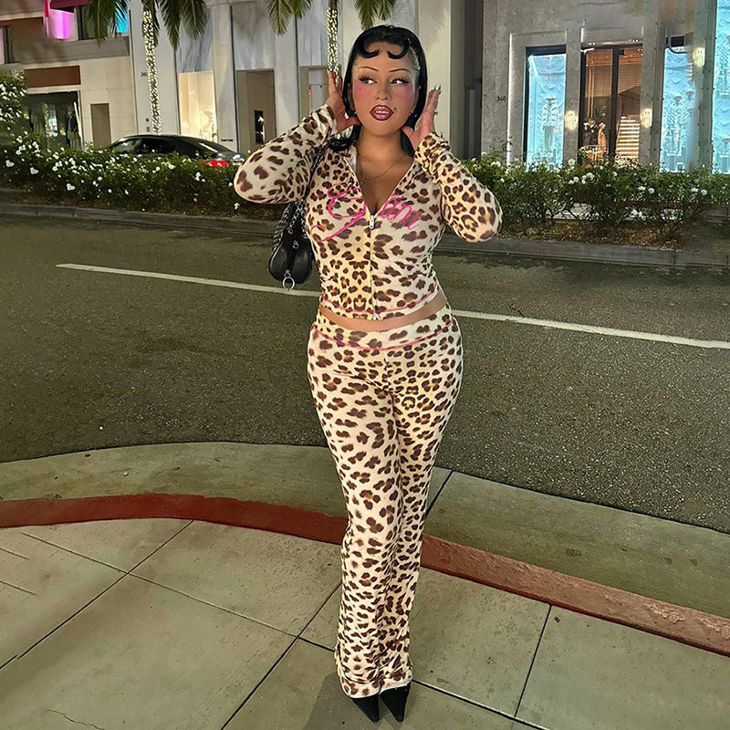 Summer Pattern Print Hooded Cardigan Top Leopard Print High Waist Tight Trousers Suit