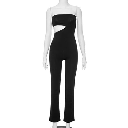 Cash Design Black Tube Top Waist Baring Slim Fit Slimming Long Jumpsuit for