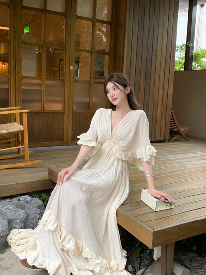 Tailande Linen Maxi Dress V-neck Ruffle Goddess Gown With 10-meter Full Hem