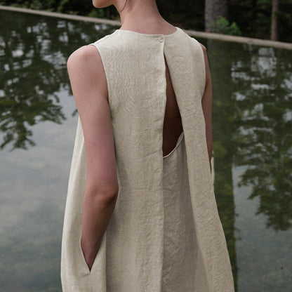 Cotton Linen Maxi Dress Summer French Pastoral Sleeveless Backless Hollow Out Cutout Niche Loose Maxi Dress