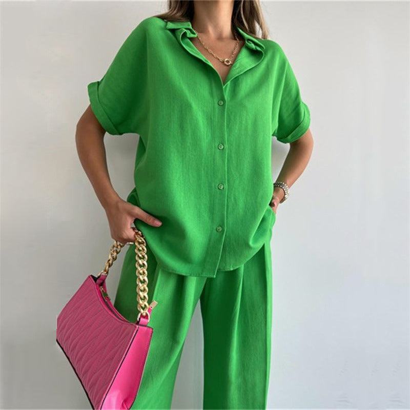 Wide Leg Pants Suit Spring Summer Loose Sleeve Shirt Top Trousers Two Piece Clothing