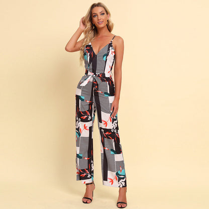 Jumpsuit Spring Summer Print Backless Deep V Plunge Neck Strap Lace Up Jumpsuit