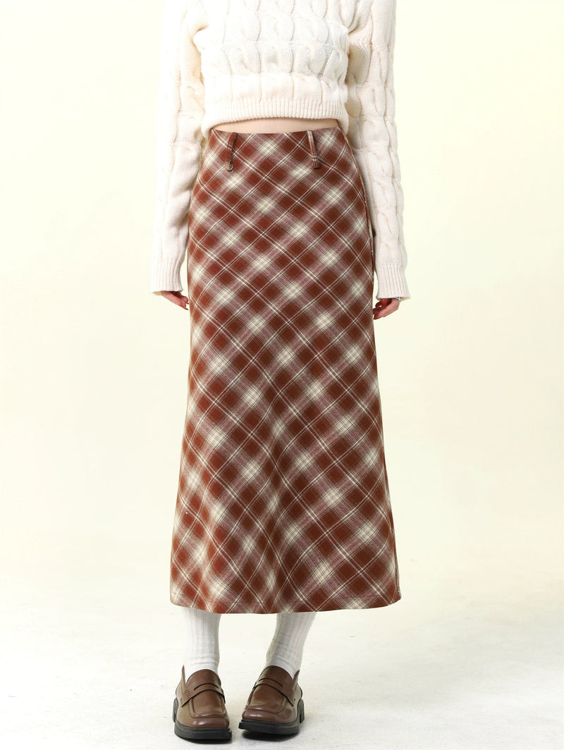 Red Plaid Wool Midi Skirt