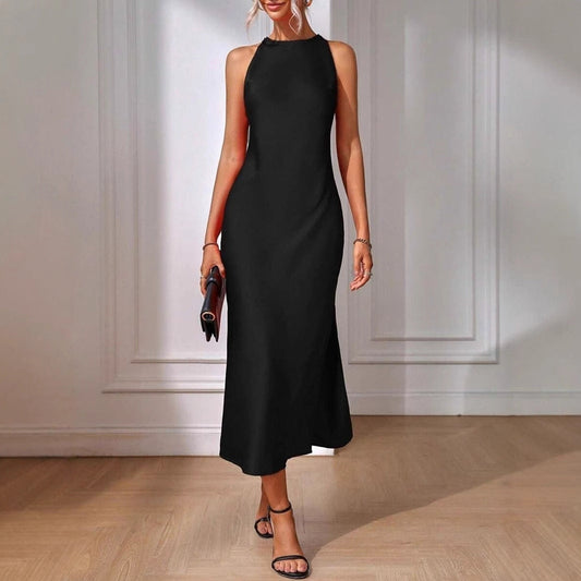 Satin Dress Clothing Spring Summer Sleeveless Split Satin Imitation Silk Maxi Dress