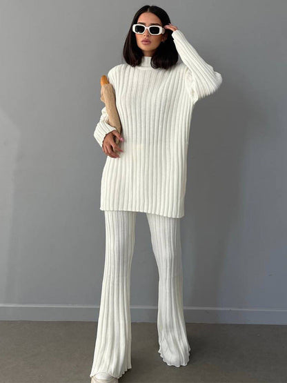 High Neck Ribbing Knitting Set Autumn Winter Pullover Sweater Pants Woolen Two Piece Set