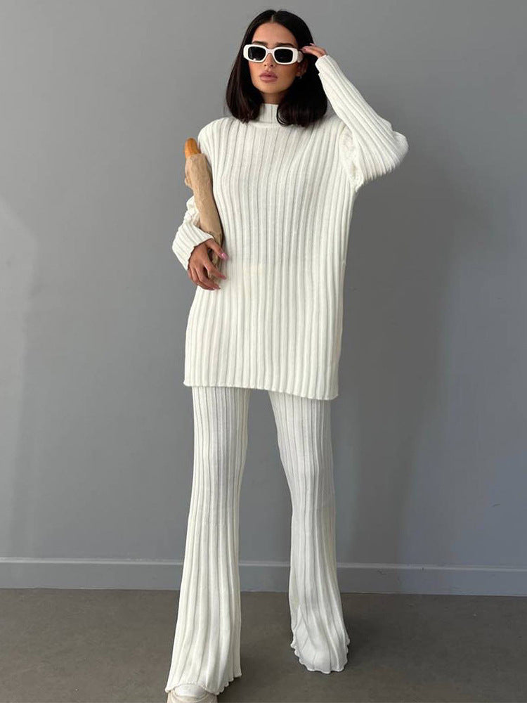High Neck Ribbing Knitting Set Autumn Winter Pullover Sweater Pants Woolen Two Piece Set