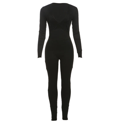 Autumn Winter Deep V Plunge Neck Cropped Tight Long Sleeve Color Sports Jumpsuit