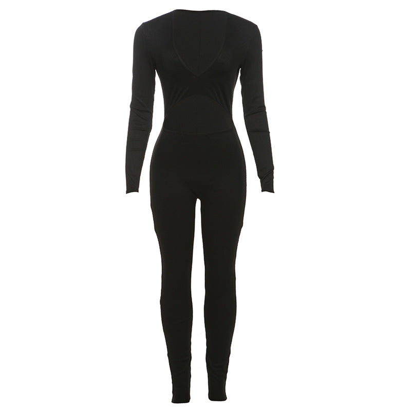 Autumn Winter Deep V Plunge Neck Cropped Tight Long Sleeve Color Sports Jumpsuit