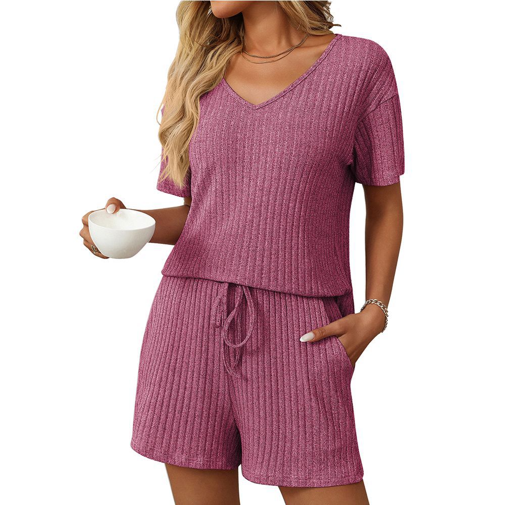 Clothing Summer Color Rib Fabric Short Sleeved Two Piece Pant Sets