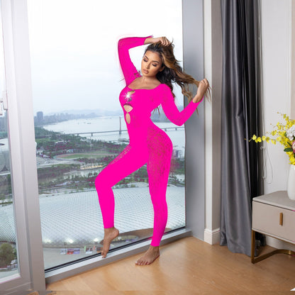 One Piece Rhinestone Leopard Print Fishnet Clothes Highlight Figure Long Sleeve Romper