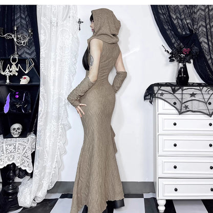 Wannathis Avant-garde Hooded Maxi Dress - Taupe Cold Shoulder Gown With Ruffle Detail