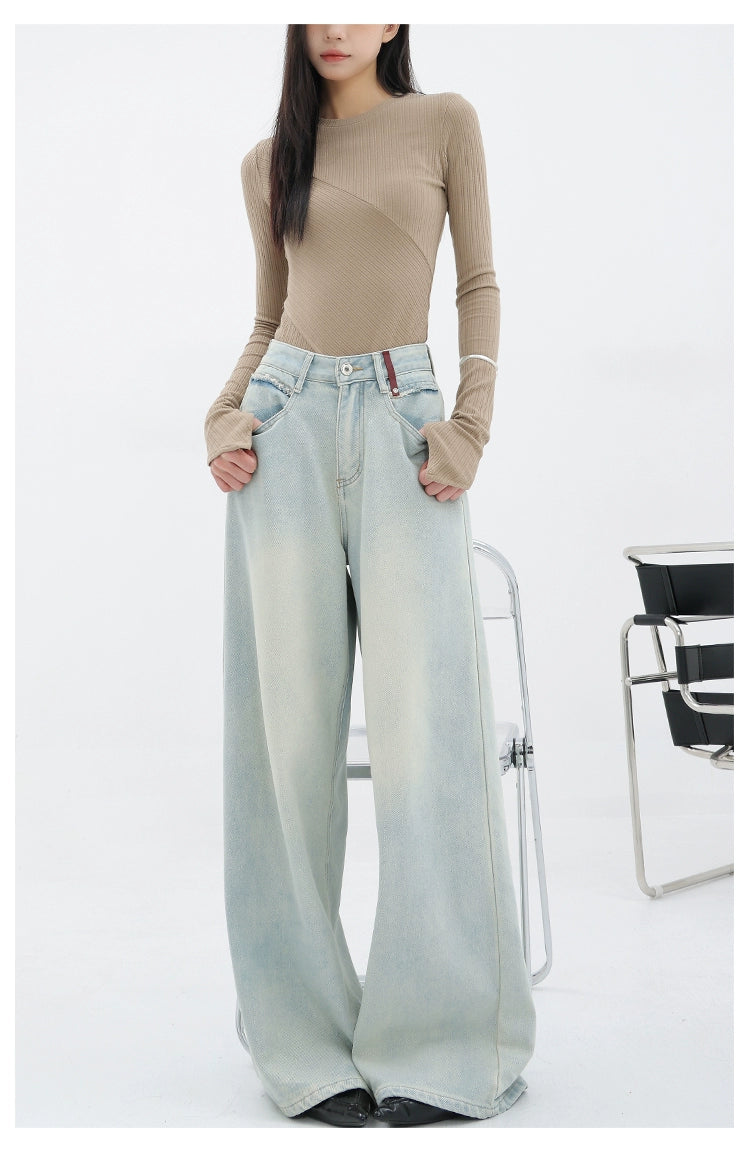 Light Blue Loose Straight Wide-leg Denim Pants With Embroidery Design