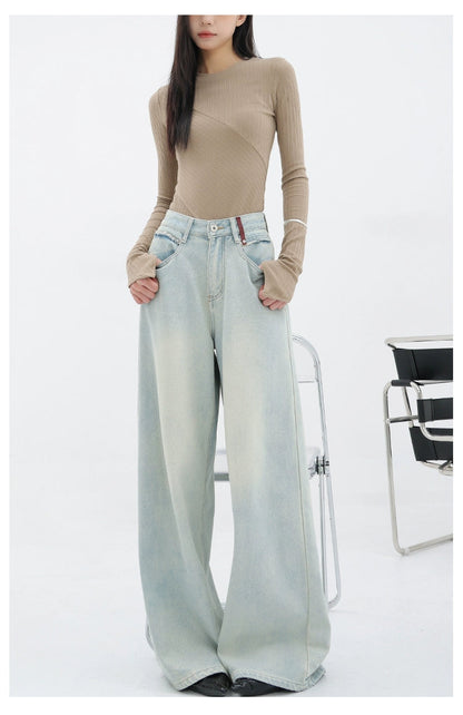Light Blue Loose Straight Wide-leg Denim Pants With Embroidery Design