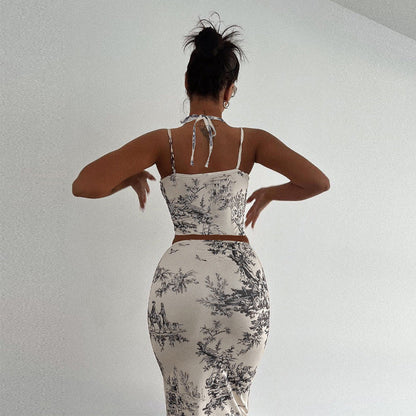 Summer Retro Printed Skirt Two-piece Set Set Corset