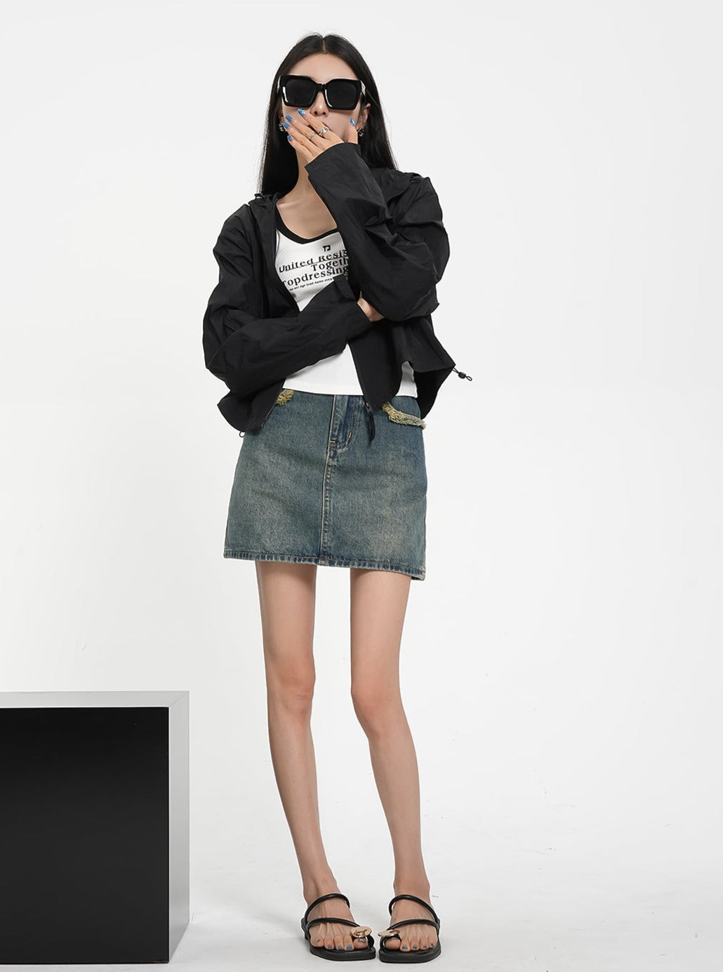 Textured Contrast Duo: Ivory Puff-sleeve Crop Blouse & Black Quilted Bomber Jacket Set