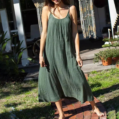 Cotton Cami Dress Summer Vacation Maxi Dress Loose Color Backless Double Layer Gauze Sleeveless Dress