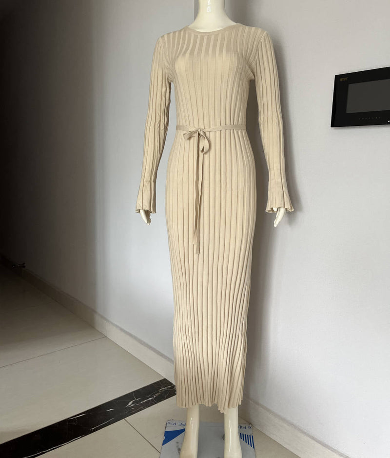 Autumn Winter Knitted Dress Waist Tight Round Neck Big Pit Stripe Slimming Knitted Maxi Dress