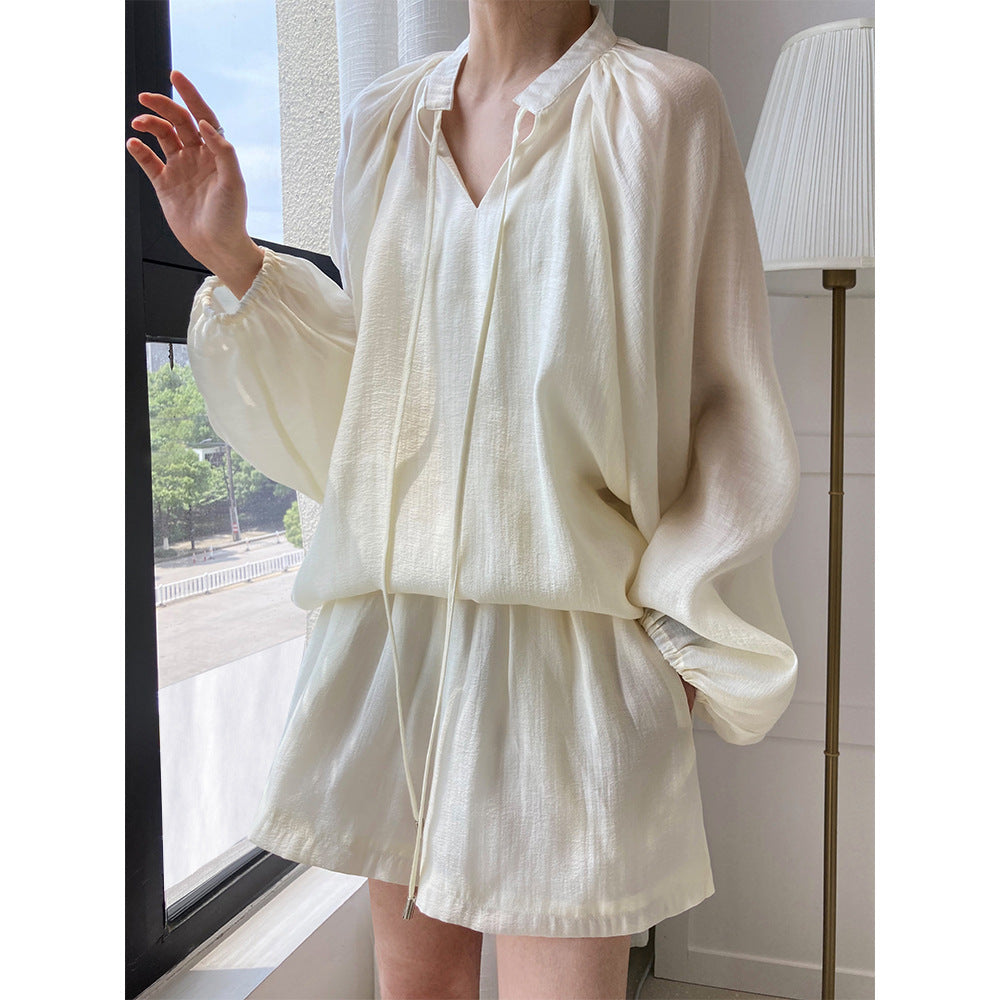 Summer Sports Lace-up Long Sleeve Sun Protection Clothing Wide Leg Shorts Suit Two-piece Set