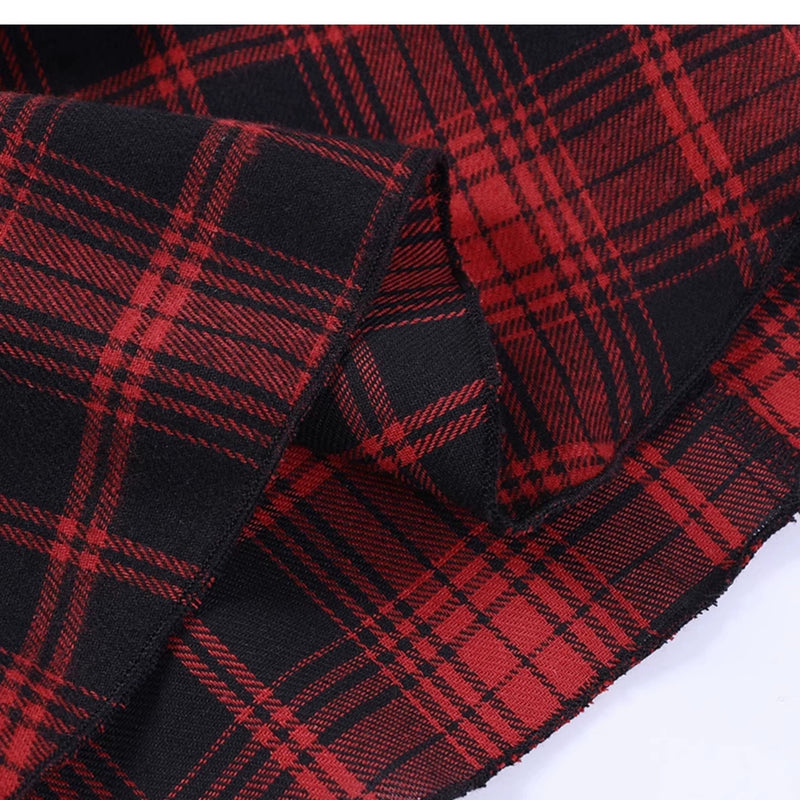 Wannathis Punk Tartan Mini Dress - Red Plaid Ruffle Tiered Goth Dress With Studded Harness
