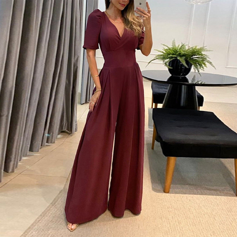 Clothing Summer V Neck Lace Up High Waist Puff Short Sleeve Wide Leg Jumpsuit