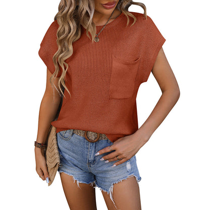 Clothing Round Neck Pocket Decorative Top Sweater With Short Sleeves