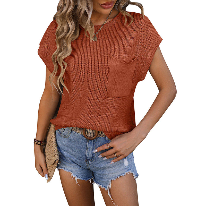 Clothing Round Neck Pocket Decorative Top Sweater With Short Sleeves