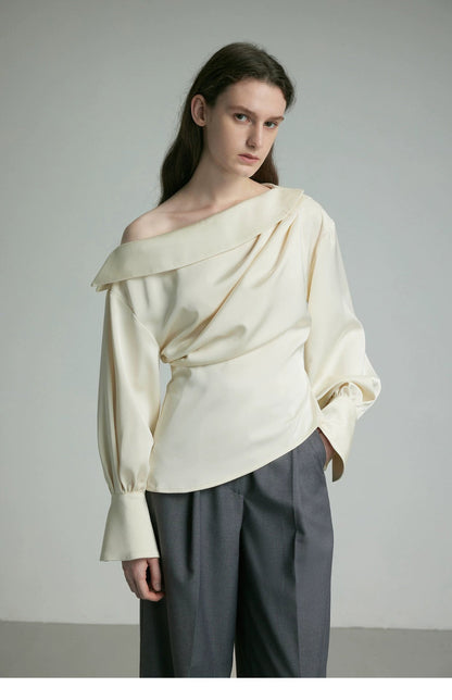 Ivory Draped Balloon Sleeve Blouse