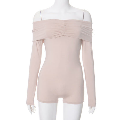 Clothing Off Shoulder Pleating Long Sleeve Tight High Waist Romper