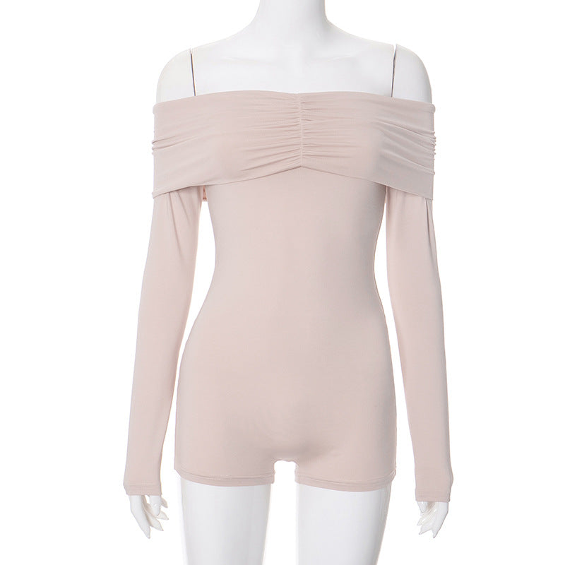 Clothing Off Shoulder Pleating Long Sleeve Tight High Waist Romper