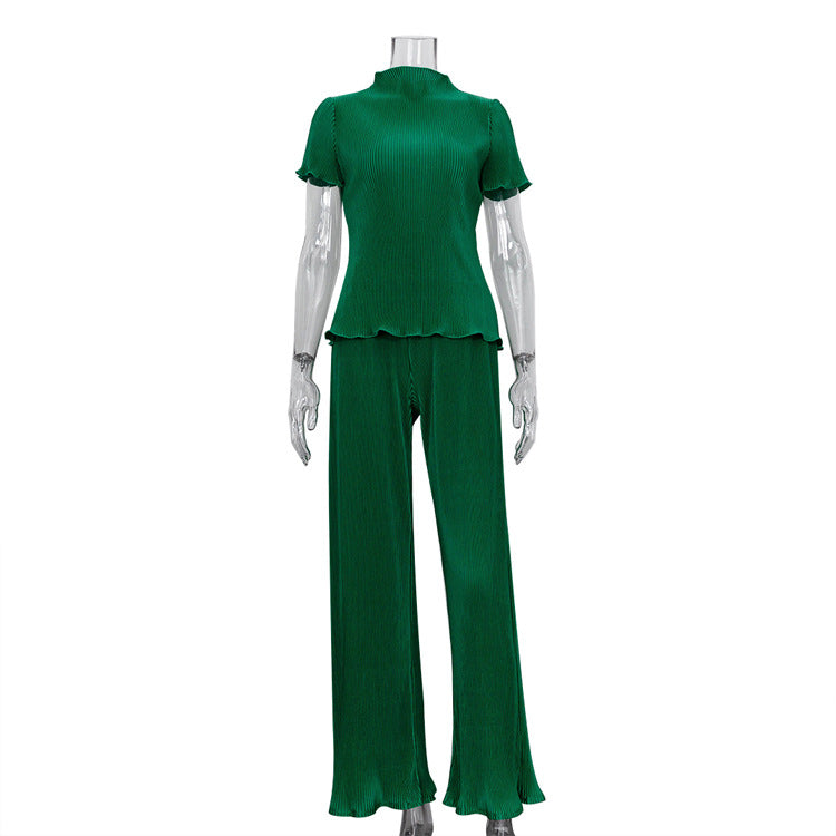 Spring Slimming T Shirt High Waist Blue Pleated Wide Leg Pants Clothing Suit