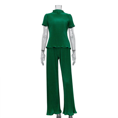 Spring Slimming T Shirt High Waist Blue Pleated Wide Leg Pants Clothing Suit