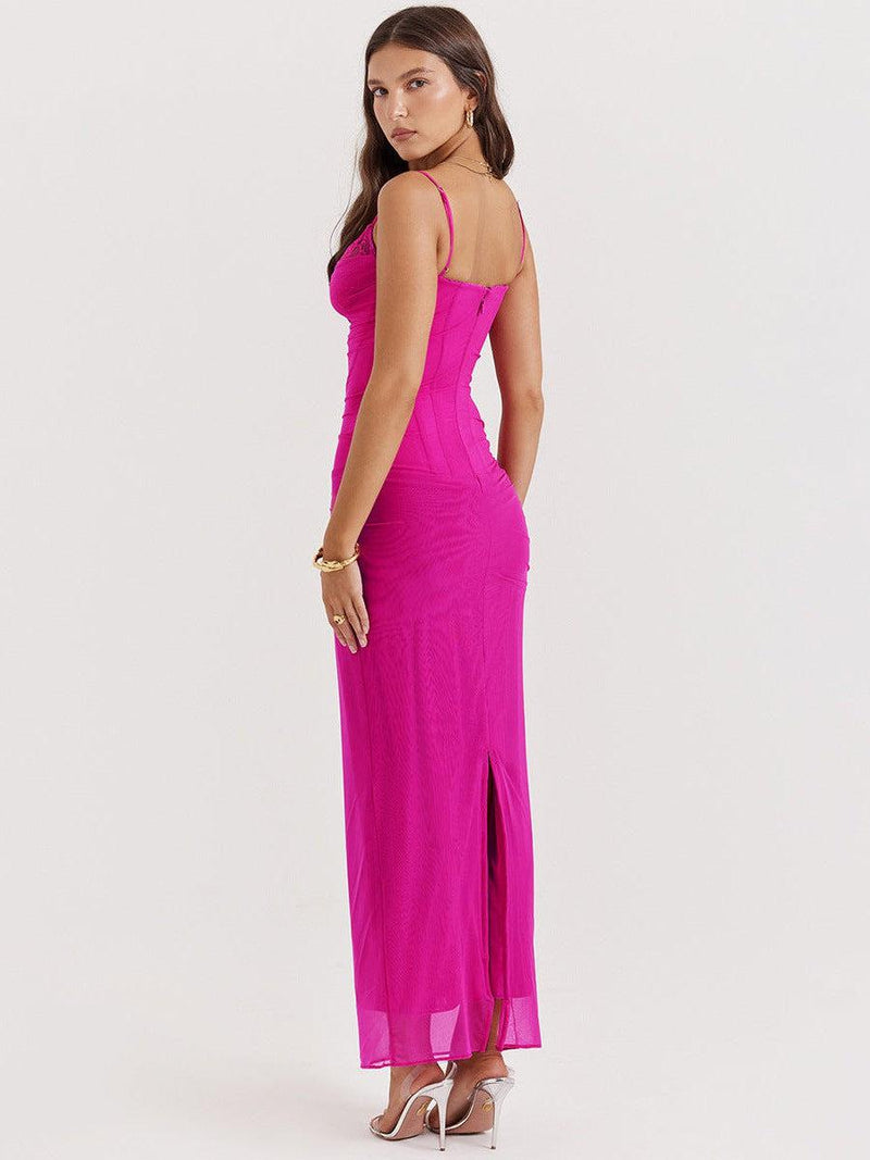 Boning Corset Mesh Lace Stitching Split Maxi Dress